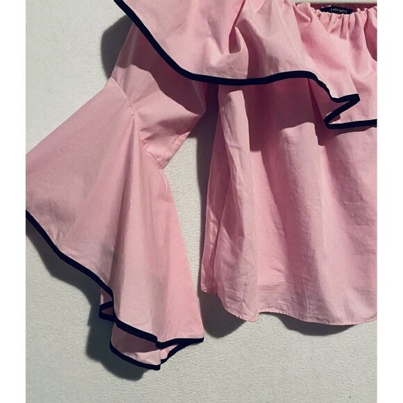 Zara Top Womens Medium Off the Shoulder Ruffle Bell Sleeve Cropped Pink Boho - Picture 4 of 8